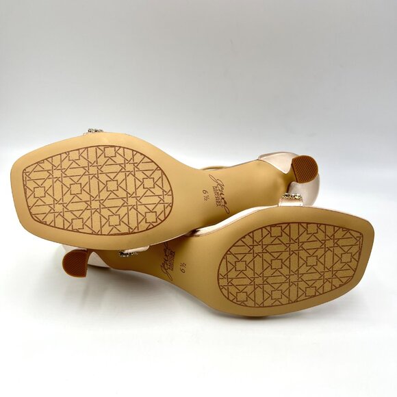 Jewel Badgley Mischka‎ Size 6.5 Champagne Satin Dress Sandals Kitten Heels Shoes - Picture 9 of 14